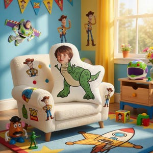 May include: A child's room decorated with Toy Story themed items. A white armchair with Woody and Toy Story stickers and a dinosaur pillow. Buzz Lightyear and Woody wall decals are visible. A rocket ship rug and toy box complete the scene.