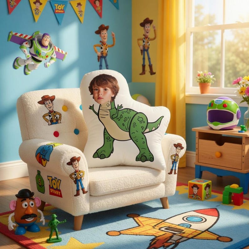 May include: A child's room decorated with Toy Story themed items. A white armchair with Woody and Toy Story stickers and a dinosaur pillow. Buzz Lightyear and Woody wall decals are visible. A rocket ship rug and toy box complete the scene.