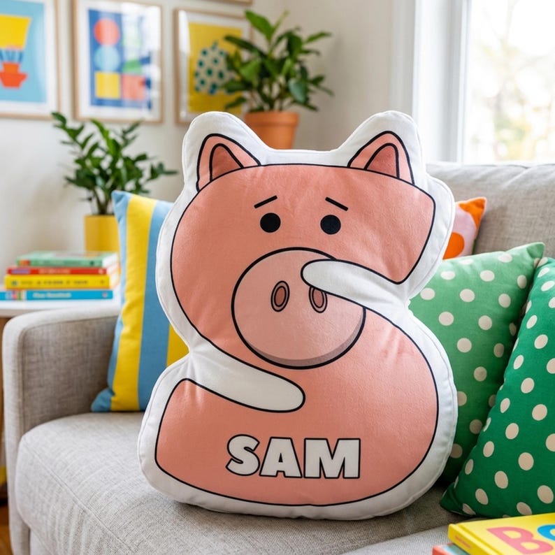 Puede incluir: Un coj&iacute;n en forma de cerdo rosa con el nombre "SAM" impreso en negro. El coj&iacute;n tiene un contorno blanco y est&aacute; colocado en un sof&aacute; gris con cojines coloridos. El cerdo tiene ojos negros y un hocico.