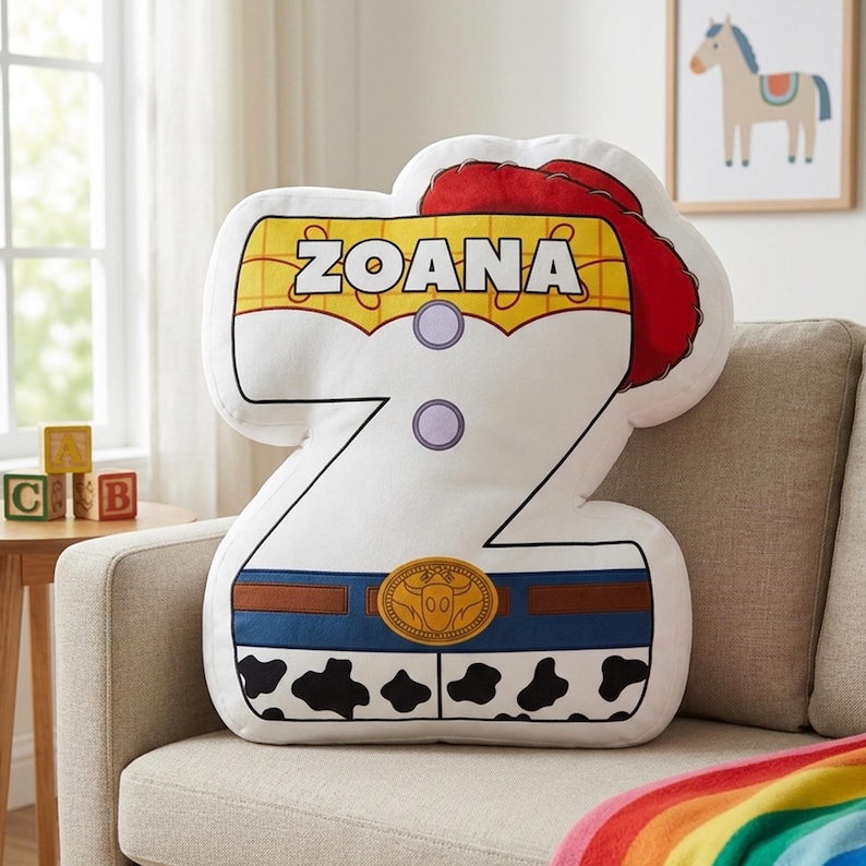 Puede incluir: Un coj&iacute;n decorativo con forma de la letra "Z" con un dise&ntilde;o que se asemeja a un atuendo de vaquera. El coj&iacute;n presenta una parte superior amarilla y blanca con el nombre "ZOANA", un sombrero rojo y un cintur&oacute;n azul con una hebilla dorada. La parte inferior tiene un patr&oacute;n de piel de vaca en blanco y negro.