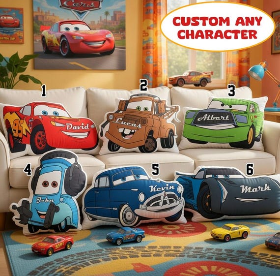 Personalized Disney Cars Pillow, Custom Lightning McQueen Cushion Cars Movie Character Pillow Racing Theme Room Decor Gift