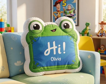 Personalized Frog Toy Character Pillow, Custom Frog Name Cushion, Toy Nursery Decor, Cowboy Gift, Birthday Room Decor Pillow, Gift For Boy