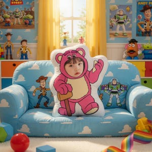 May include: A child wearing a pink Lotso Bear costume from Toy Story, posing on a light blue couch with cloud and Toy Story character designs. The room is decorated with Toy Story posters and figurines.
