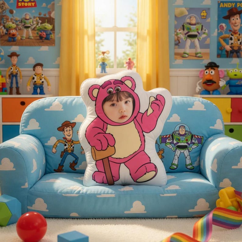 May include: A child wearing a pink Lotso Bear costume from Toy Story, posing on a light blue couch with cloud and Toy Story character designs. The room is decorated with Toy Story posters and figurines.
