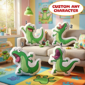 May include: A collection of green cartoon alligator-shaped pillows with white outlines, various sizes, and poses. The pillows are on a beige sofa and colorful rug. The image also includes a matching lamp and artwork, with the text "CUSTOM ANY CHARACTER".
