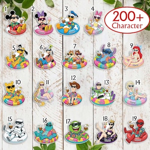 May include: A collection of 19 colorful stickers featuring various cartoon characters relaxing in inflatable rings. Each sticker includes a name tag and a drink. Characters include Mickey Mouse, Minnie Mouse, Donald Duck, Daisy Duck, Goofy, and others.