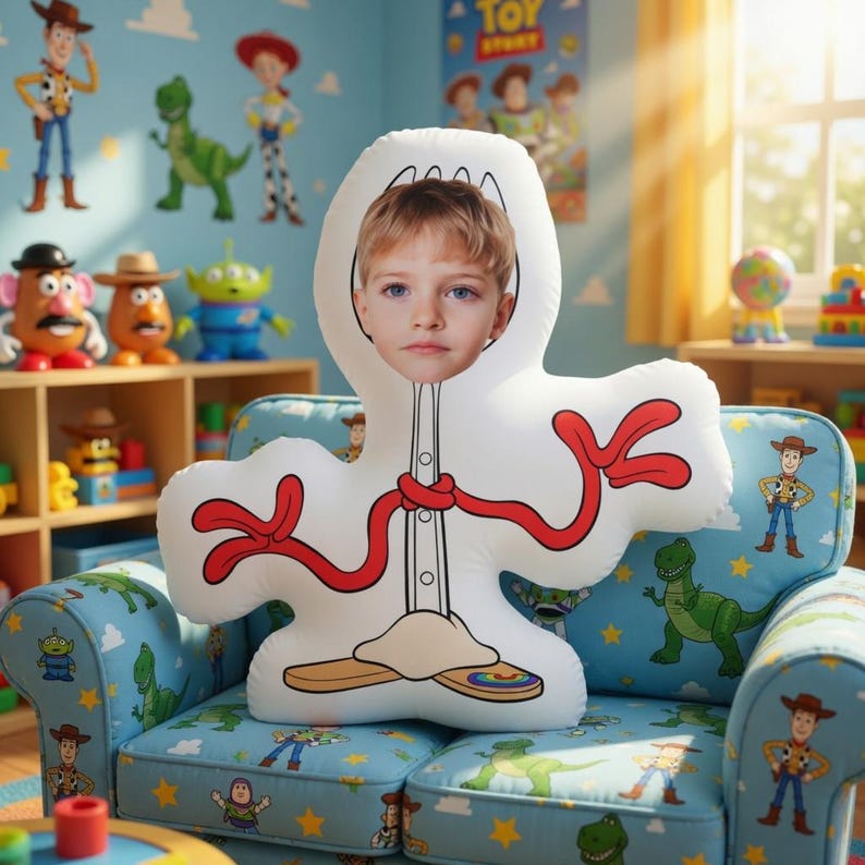 May include: A white plush toy shaped like a character from the movie Toy Story, with a child's face in the center. The toy has red accents and is resting on a blue couch with Toy Story character designs.
