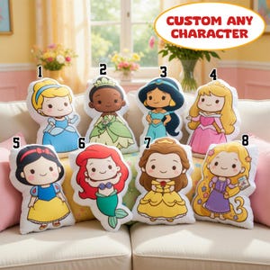 May include: Eight plush pillows shaped like cartoon characters, numbered one through eight. Each pillow features a distinct character with unique hair, clothing, and accessories. The text CUSTOM ANY CHARACTER is displayed in a yellow oval at the top.