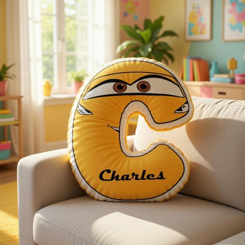 May include: A yellow letter C-shaped plush pillow featuring a cartoon face with brown eyes and a small smile. The name Charles is printed in black script on the lower front. The pillow has a white border and black outlines defining the facial features.