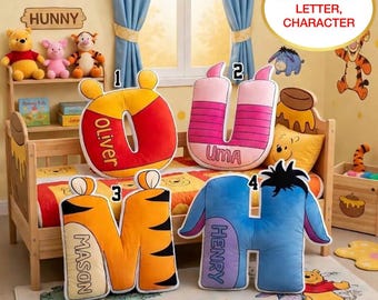 Custom Pooh Friends Initial Pillow, Personalized   Letter Cushion Winnie Piglet Tigger Eeyore Name Plush Nursery Baby Shower Gift