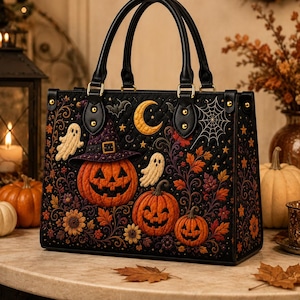 Personalized Halloween Leather Handbag, Pumpkin Ghost Purse, Spooky Witch Bag, Fall Floral Tote for Women, Halloween Gift
