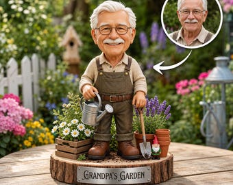 Personalized Grandpa Garden Gnome Wooden Block, Custom Photo Caricature Plaque Sign, Father's Day Keepsake, Gardening Gift for Dad