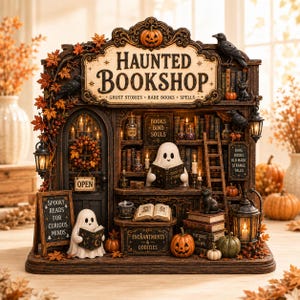 Bloc en bois Librairie hantée, fantôme lecteur à poser sur une étagère, décoration de bibliothèque d'Halloween, cadeau gothique pour les amoureux des livres, décoration d'automne pour la maison