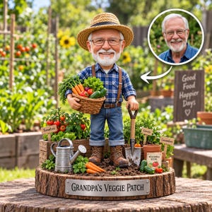 May include: A custom bobblehead figurine of an older man with a white beard wearing a straw hat, blue plaid shirt, and brown boots. The figure holds a basket of vegetables and a shovel, standing on a base labelled "Grandpa's Veggie Patch".