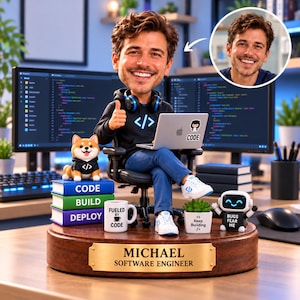 May include: A custom bobblehead figurine of a software engineer named Michael, featuring a brown-haired figure in a black hoodie with a code symbol, sitting in a chair with a laptop, a dog, a mug, a small robot, and books on a wooden base.