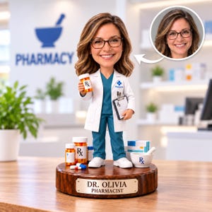 May include: A custom bobblehead figurine of a female pharmacist with brown hair and glasses, wearing a white lab coat and teal scrubs. The figure holds a pill bottle and clipboard, standing on a wooden base labelled DR. OLIVIA PHARMACIST.