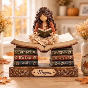Custom Just A Girl Who Loves Books Wooden Block, Book Lover Gift, Autumn Bookworm Decor, Bookshelf Decor Gift for Her,Library Decor