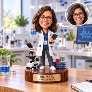 Op de afbeelding: Een gepersonaliseerde bobblehead-figuur van een wetenschapper in een witte laboratoriumjas, blauw overhemd en grijze broek. Het figuur houdt een kolf met blauwe vloeistof en een klembord vast op een houten voet met het plaatje DR. MAYA SCIENCE IN ACTION.