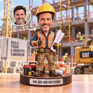May include: A custom bobblehead figure of a construction worker wearing a yellow hard hat, orange safety vest, and tan trousers. The figure holds blueprints and gives a thumbs up. It stands on a wooden base with a metal plaque reading DAD, BUILDING OUR FUTURE.