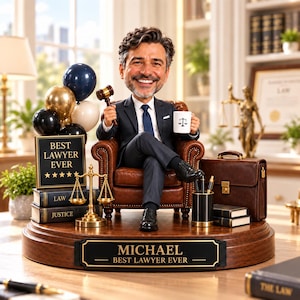 Puede incluir: Una figura cabezona personalizada de un hombre sonriente con traje oscuro sentado en un sillón de cuero marrón. Sostiene un mazo de madera y una taza blanca con un icono de balanza. La base tiene una placa que dice MICHAEL BEST LAWYER EVER.