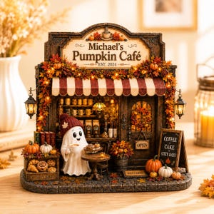 Peut inclure: Une miniature décorative du Michael's Pumpkin Café, avec un fantôme en bonnet rouge tenant une tasse de café. La structure présente un auvent rayé, du feuillage d'automne, des lanternes lumineuses et des panneaux Coffee Cake Cozy Days.