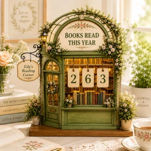May include: A green miniature bookstore display featuring the text 'BOOKS READ THIS YEAR' and a hanging sign reading 'Lily's Reading Corner'. The structure includes three white hanging tags with the numbers 2, 6, and 3, shelves of books, and small floral vines.