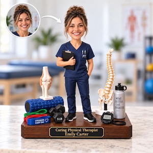 May include: A custom bobblehead of a physical therapist in navy blue scrubs with PT text, holding a clipboard. Accessories include a knee model, foam roller, 5 lb dumbbells, resistance bands, a spine model, a stopwatch, and a water bottle with text.