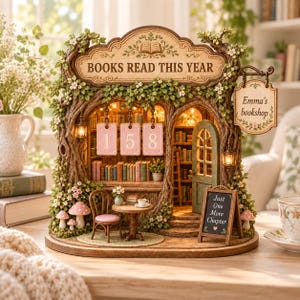 以下が含まれることがあります： BOOKS READ THIS YEARと書かれた看板、Emma's bookshopの吊り下げ看板、Just One More Chapterと書かれた黒板がある木製のミニチュア本屋のジオラマ。棚、椅子、テーブルが含まれています。