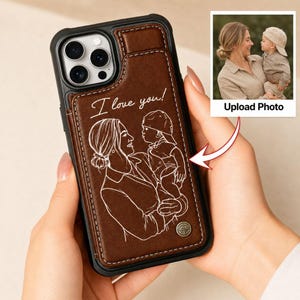 カードホルダー付きパーソナライズレザーケース、iPhone 17 16 15用カスタムフォトフォンケース、Samsung Galaxyフォトカバー、お母さんへの記念ギフト