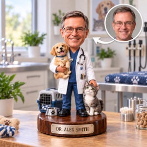 May include: A custom bobblehead figurine of a veterinarian wearing a white lab coat over blue scrubs with a stethoscope, holding a golden retriever puppy and standing next to a tabby cat, a pet carrier, and a plaque reading DR. ALEX SMITH.
