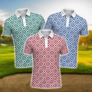 May include: Three short-sleeved polo shirts with white collars and buttoned plackets. The shirts feature a repeating geometric diamond pattern in green, red, and blue. The background shows a golf course.