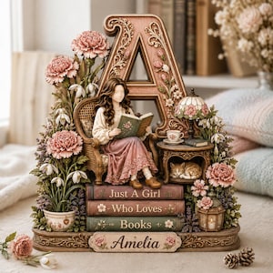Puede incluir: Una figura decorativa con una letra A grande, una persona leyendo en una silla y un gato durmiendo. La base muestra el nombre Amelia, mientras que los libros apilados dicen Just A Girl Who Loves Books. Claveles rosas y flores blancas rodean la escena.