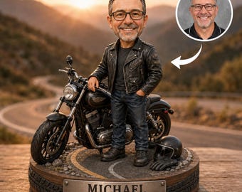 パーソナライズされたバイクの木製ブロック、カスタムバイカー写真フィギュア、バイク好きのお父さんや夫へのギフト、誕生日、退職祝い、デスクデコレーション