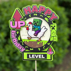Topo de bolo inspirado no Minecraft - Topo de bolo personalizado - Topo de bolo personalizado - Topo de bolo de aniversário - Decorações para festa de aniversário