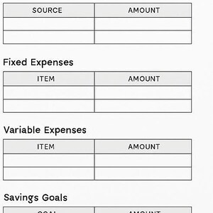 May include: A printable monthly budget worksheet with sections for income, fixed expenses, variable expenses, and savings goals. Each section has a table with columns for source or item and amount.