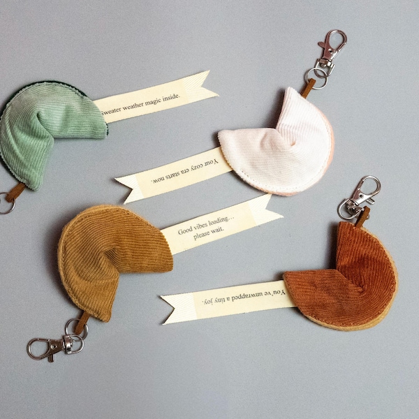 Handmade corduroy Fortune Cookie Keychain - Custom Message Inside