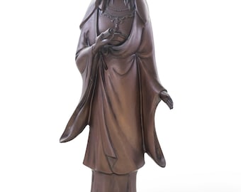 江戸時代の青銅製観音像 - 高さ30cm、穏やかな眼差しと流れるような衣