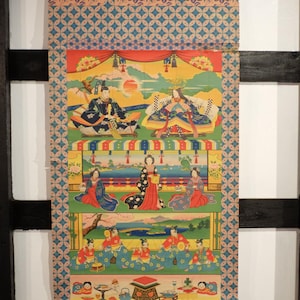 Antique Japanese Woodblock Print Zekku Hanging Scroll | Samurai & Carp Streamer Festival Kakejiku | Edo-Meiji Warrior Art Collectible