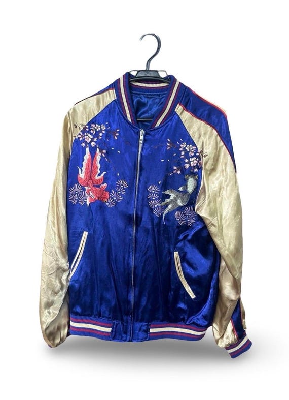 Vintage Sukajan Jacket Blue Gold Embroidered Goldfish Cherry