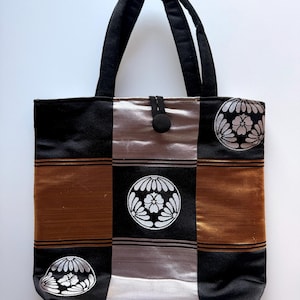 Vintage Japanese Kamon Obi Tote Bag, Black Gold Silver Checker, Handcrafted Upcycled Kimono Textile, Sustainable Fashion Statement