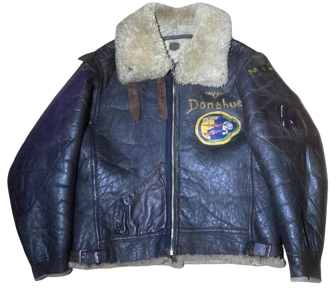 1940s Authentic MUSEUM QUALITY Vintage B-3 WW2 WWII Military Flight Leather Pilot Bomber Blouson Jacket Patch Hand Painted Donahue Size: 42