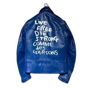 中古 ブルー ヴィンテージ ルイスレザー CDG "Live Free Die Strong" コム デ ギャルソン クラシック ダブルライダース レザーブルゾン ジャケット サイズ: S