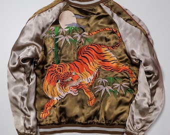 PINBALL Vintage Japanese Japan Tiger Tora Koi Carp Fish Tattoo Art Design Green Embroidered Yokosuka Jumper Bomber Sukajan Souvenir Jacket M