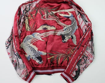 Vintage Japanese Japan Koi Carp Fish Sakura Cherry Blossoms Tattoo Art Design Embroidered Yokosuka Jumper Bomber Sukajan Souvenir Jacket