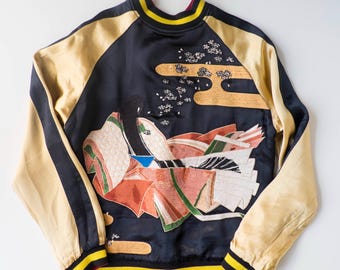 Vintage Japanese Japan Samurai Kabuto Helmet GENJI Monogatari Tattoo Art Design Embroidered Yokosuka Jumper Bomber Sukajan Souvenir Jacket M