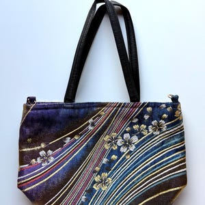 Vintage Japanese Obi Tote Bag Purple Blue Gold Sakura Embroidered Kimono Textile Remake Handcrafted Upcycled Sustainable Statement Accessory