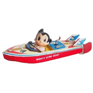 Vintage Astro Boy Tin Speed Boat Ship Racer Wind-Up Toy | Mighty Atom by ATD Japan | Showa Retro Tezuka Osamu Tetsuwan Atom | 1960s Tinplate