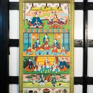 Antique Japanese Hina Matsuri Hanging Scroll | Doll Festival Emperor & Empress Court Scene | Edo-Meiji Era Woodblock Print Kakejiku Wall Art