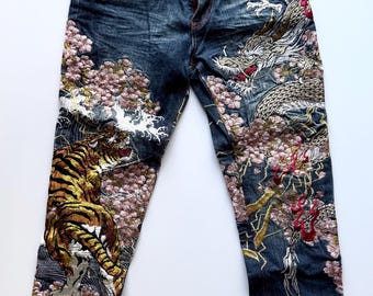 Badass Gangster Karakuri Tamashi Y2K Skinny Fit Jeans | Heavy Embroidery Tiger & Dragon Sakura Denim | Rare Yakuza Fashion Streetwear Japan