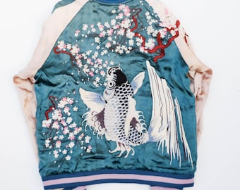 Vintage Japanese Sukajan Jacket | Teal Koi Fish & Sakura Cherry Blossoms Embroidery | Reversible Souvenir Bomber | Yokosuka Jumper L